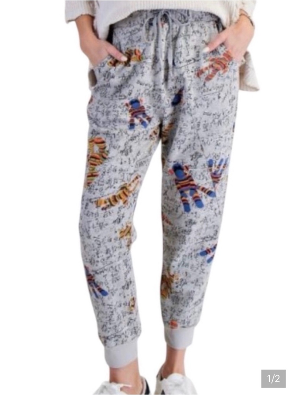 easel Gray Drawstring Joggers with Colorful Sock Monkey and Sock Bunny Print